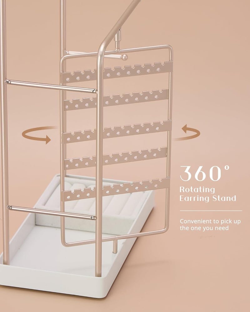 Procase Jewelry Stand Holder Organizer, Jewelry Display Storage with Ring Tray, No-Assembly Needed, Rotating Earring Bracelet Necklace Holder, Christmas Gifts Room Dorm Decor for Teen Girls -Champagne - Image 5